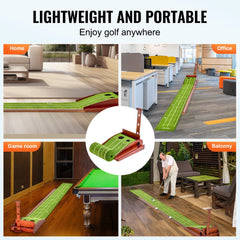 Indoor golf putting mat with fiber velvet surface and auto ball return feature.