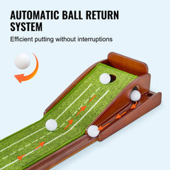 Wooden indoor golf putting mat with green turf and automatic ball return system.