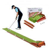 Indoor golf putting mat with five holes, auto ball return, and alignment markings.