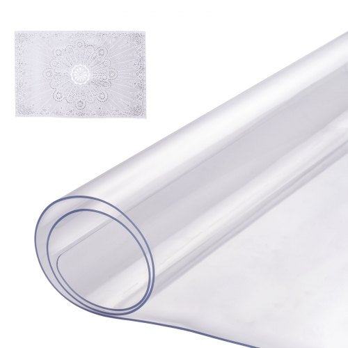 Clear 14x24 inch PVC table protector, 1.5mm thick, shown flat and rolled.