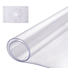 Clear 14x24 inch PVC table protector sheet, 1.5mm thick, shown flat and rolled.