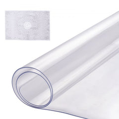 Clear 16x32 inch PVC table protector sheet, 1.5mm thick, shown flat and rolled.