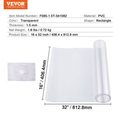 Clear 16x32 inch PVC table protector sheet, 1.5mm thick.