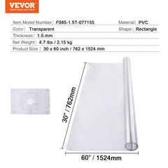 Clear PVC table protector, 30x60 inches, 1.5mm thick, designed for surface protection.