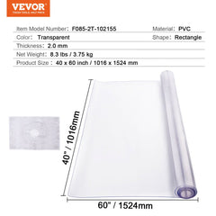 Clear 40x60 inch PVC table protector, 2.0mm thick, shown rolled with dimensions.