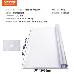 Clear PVC table protector measuring 40x80 inches and 2.0mm thick for durable surface protection.