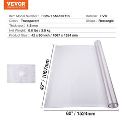 Frosted PVC table protector measuring 42x60 inches, 1.5mm thick, with a transparent design.