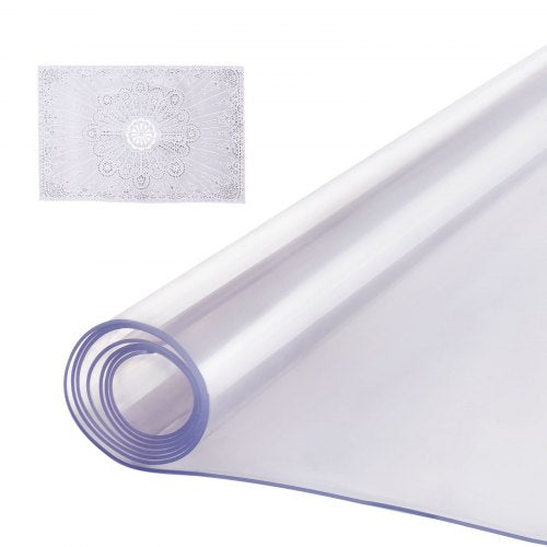 Clear PVC table protector measuring 42x60 inches, 2.0mm thick, with a transparent design.