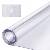 Clear 1.5mm thick PVC table protector, 42x96 inches, shown as rolled sheet and flat mat.