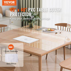 Clear 48x48 inch PVC table protector, 1.5mm thick, on a wooden dining table.
