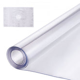 Clear 54x54-inch square PVC table protector, 1.5mm thick, shown flat and rolled.