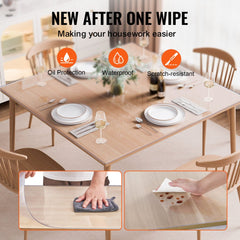 Clear 54x54 inch PVC table protector, 2.0mm thick, on wooden dining table with oil, water, and scratch protection icons.