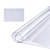 Clear 18x48 inch PVC table protector, 1.5mm thick, shown rolled and flat.