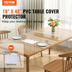 Clear 18x48 inch PVC table protector, 1.5mm thick, on a wooden table.