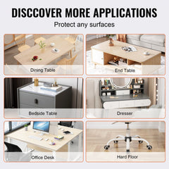 Clear PVC table protector, 18x36 inches, 1.5mm thick, shown protecting dining table, end table, bedside table, dresser, office desk, and hard floor.