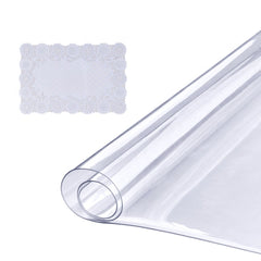 Clear PVC table protector, 18x36 inches, 1.5mm thick, waterproof with rounded corners.