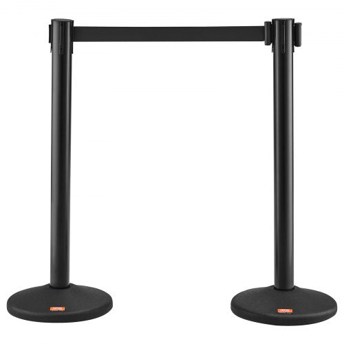 Two black stanchions with 6.5-foot retractable black belts for crowd control.
