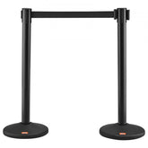 Two black stanchions with 6.5-foot retractable black belts for crowd control.