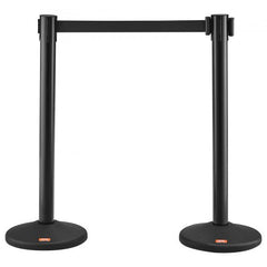 Two black stanchions with 6.5-foot retractable black belts for crowd control.