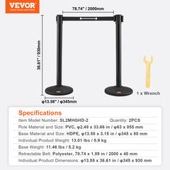 Two black crowd control stanchions with retractable 6.5-foot belts and weighted bases.