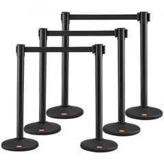 Black retractable belt stanchions in a 6-pack for crowd control in busy areas.