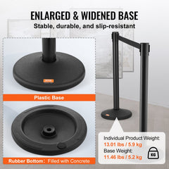 Black crowd control stanchions with retractable belts for managing queues in busy areas.