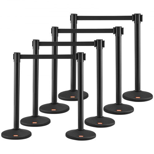 Eight black plastic crowd control stanchions with 6.5-foot retractable black belts and weighted bases.