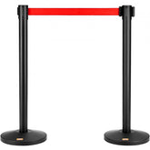 Two black carbon steel stanchions with 11-foot red retractable belts for crowd control.