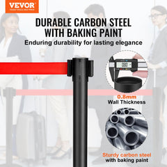 Two black carbon steel crowd control stanchions with 11ft red retractable belts and 0.8mm wall thickness.