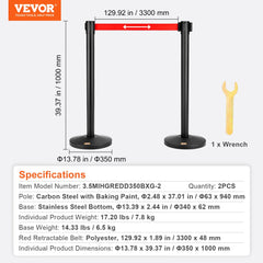 Two-pack of carbon steel crowd control stanchions with 11ft red retractable belts and weighted bases.