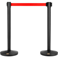 Two black carbon steel stanchions with 11-foot red retractable belts for crowd control.