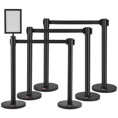Bostome 6-pack crowd control stanchions with retractable belts and stable metal bases.
