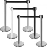 Six stainless steel stanchions with 2m black retractable belts and round bases.