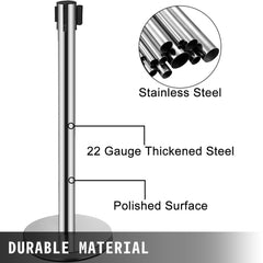Stainless steel crowd control stanchion with 22-gauge thickened polished steel post and base.