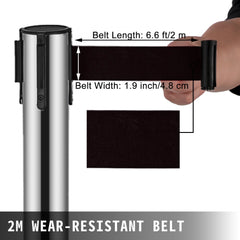 Silver stainless steel stanchion with 2m black retractable belt, showing 6.6ft length and 1.9in width.