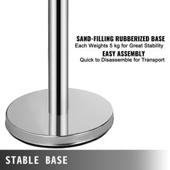 Stainless steel stanchion with sand-fillable rubberized base weighing 5 kg for stability and quick assembly.