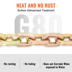 Galvanized G80 transport binder chain, 3/8 inch by 20 feet, with no-rust features.