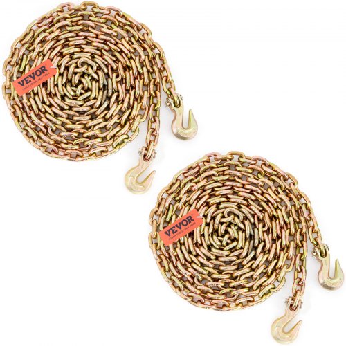 Two coiled 20ft galvanized Grade 80 transport binder chains with grab hooks and 3/8-inch links.