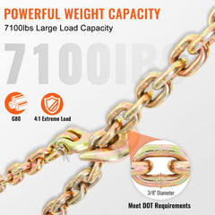 G80 transport binder chain, 3/8 inch diameter, 20 feet long, 7100 lbs WLL with grab hooks.