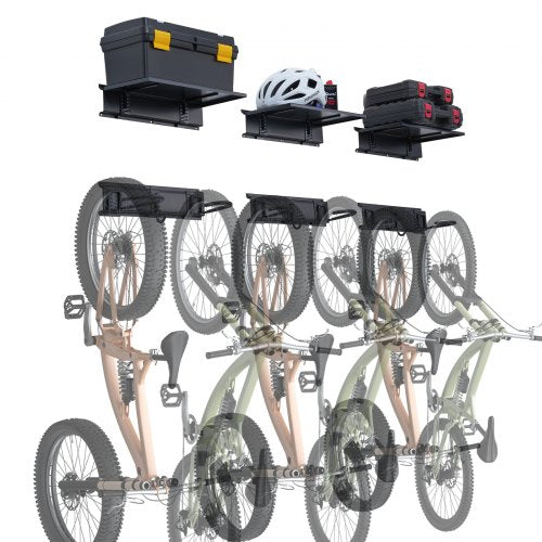 Wall-mounted bike storage rack holding 6 bikes with 3 shelves for helmets and tools.