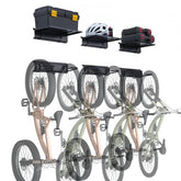 Wall-mounted bike storage rack holding 6 bikes with 3 shelves for helmets and tools.