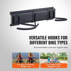 Wall-mounted bike storage rack with hooks for 6 bikes and 3 shelves.