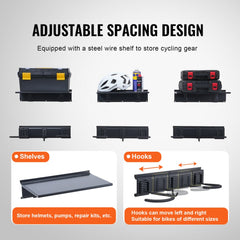 Wall mount bike rack with six hooks and three adjustable shelves for helmets and gear.