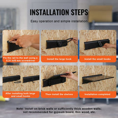 Installation steps for Bostome wall mount bike storage rack with hooks and shelves.