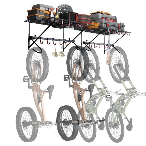 Wall-mounted bike storage rack holding four bikes with two shelves for gear.