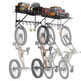 Wall-mounted bike storage rack holding four bikes with two shelves for gear.