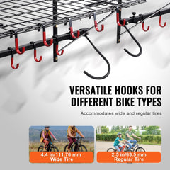 Wall-mounted bike storage rack holding 4 bikes with adjustable hooks and 2 wire shelves.