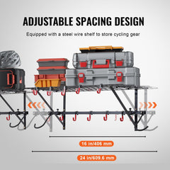 Wall-mounted bike storage rack holding 4 bikes with 2 adjustable wire shelves for gear.