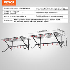 Wall-mounted bike rack holding 4 bikes with 2 wire mesh shelves and hooks.