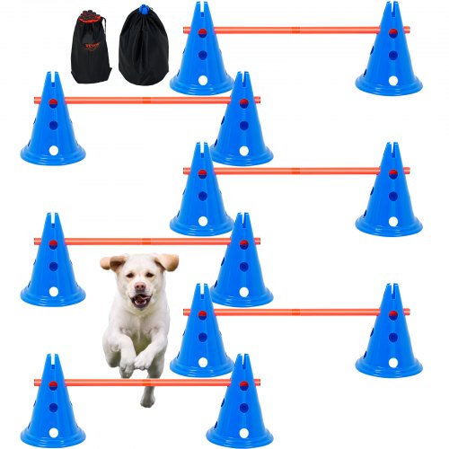 Blue agility cones with orange rods and two black storage bags for dog training hurdles.